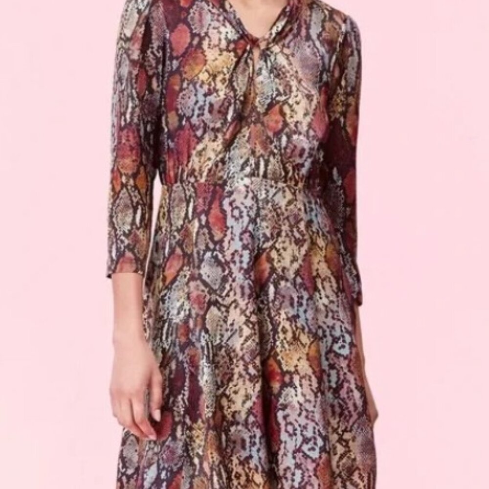 Rebecca Taylor Watercolor Snake Hammered Long Sleeve Silk Mini Dress Size 8